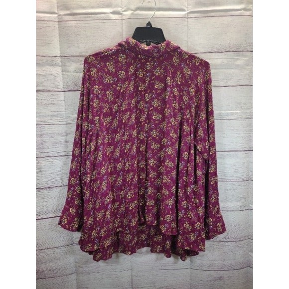 Umgee Dark Pink Floral Print Button Down, Layered Relaxed Fit Blouse, Size Med - Picture 2 of 9